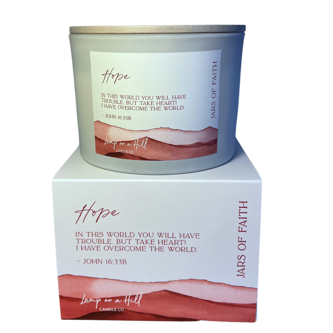 HOPE - Jars of Faith Candle Jar. LYCHEE PEONY scented. “In this world you will have trouble. But take heart! I have overcome the world.” John 16:33b