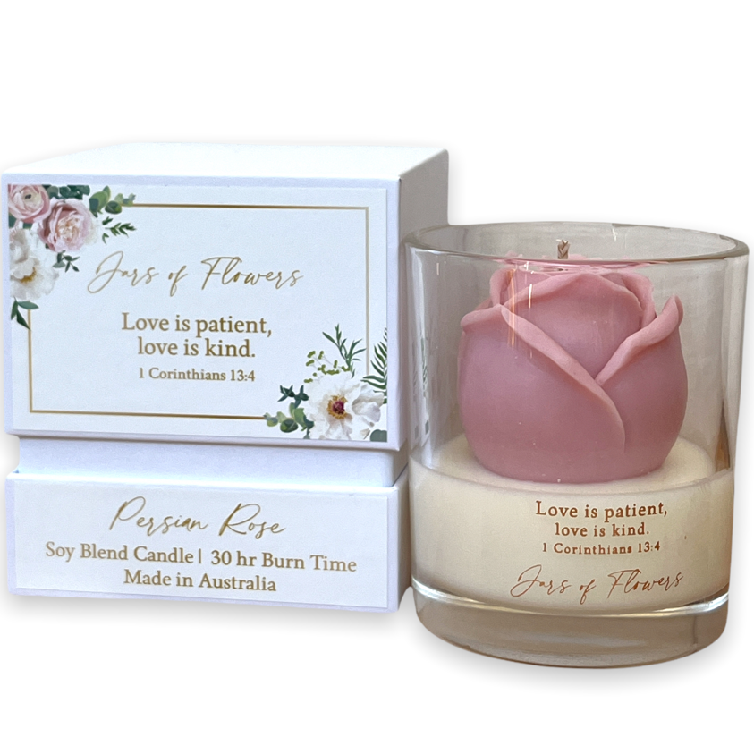 Jars of Flowers Scripture Candle -  Love is Patient Love is Kind