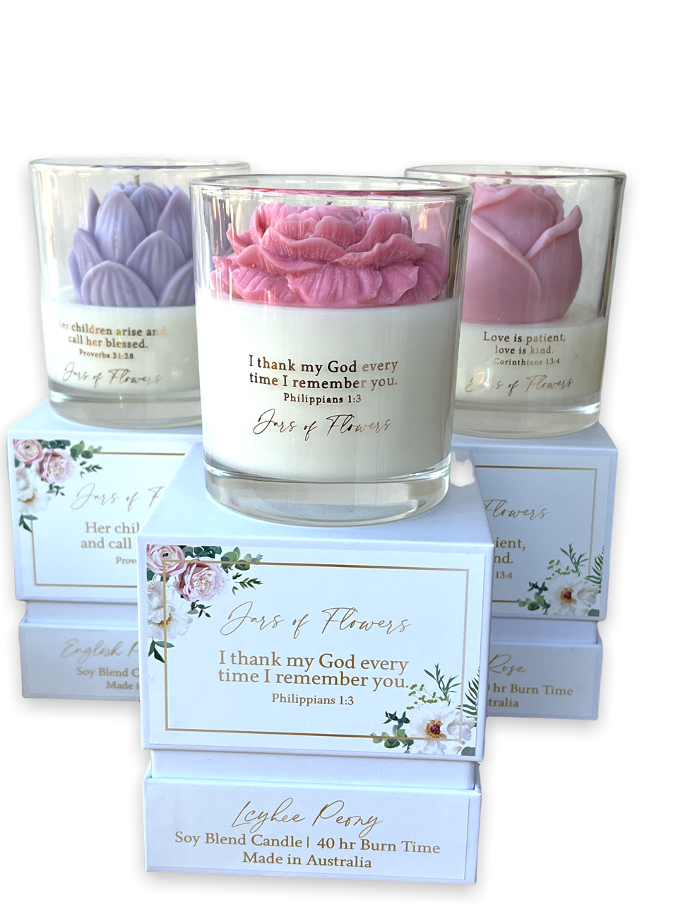 Jars of Flowers Scripture Candle -  Love is Patient Love is Kind