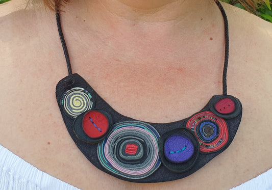 Unique NECKLACE with blue & red circles 100% leather