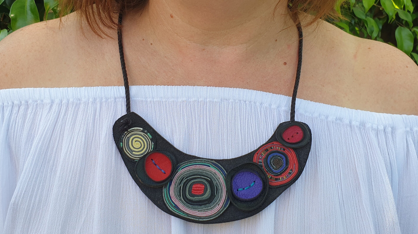 Unique NECKLACE with blue & red circles 100% leather