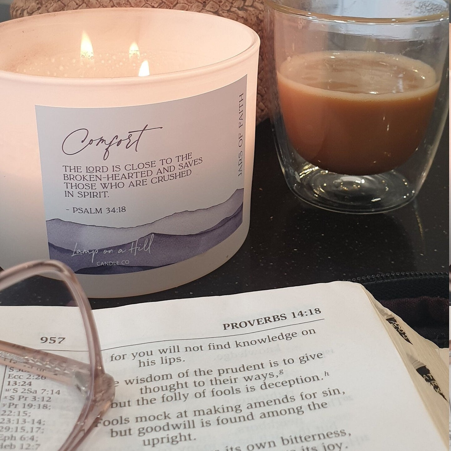 COMFORT - Jars of Faith Candle Jar. TIMBER & PETALS scented- "The Lord is close to the brokenhearted and saves those who are crushed in spirit" Psalm 34:18