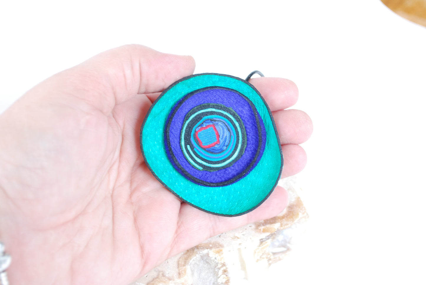 Turquoise & deep blue Leather Necklace with interesting lines and spirals