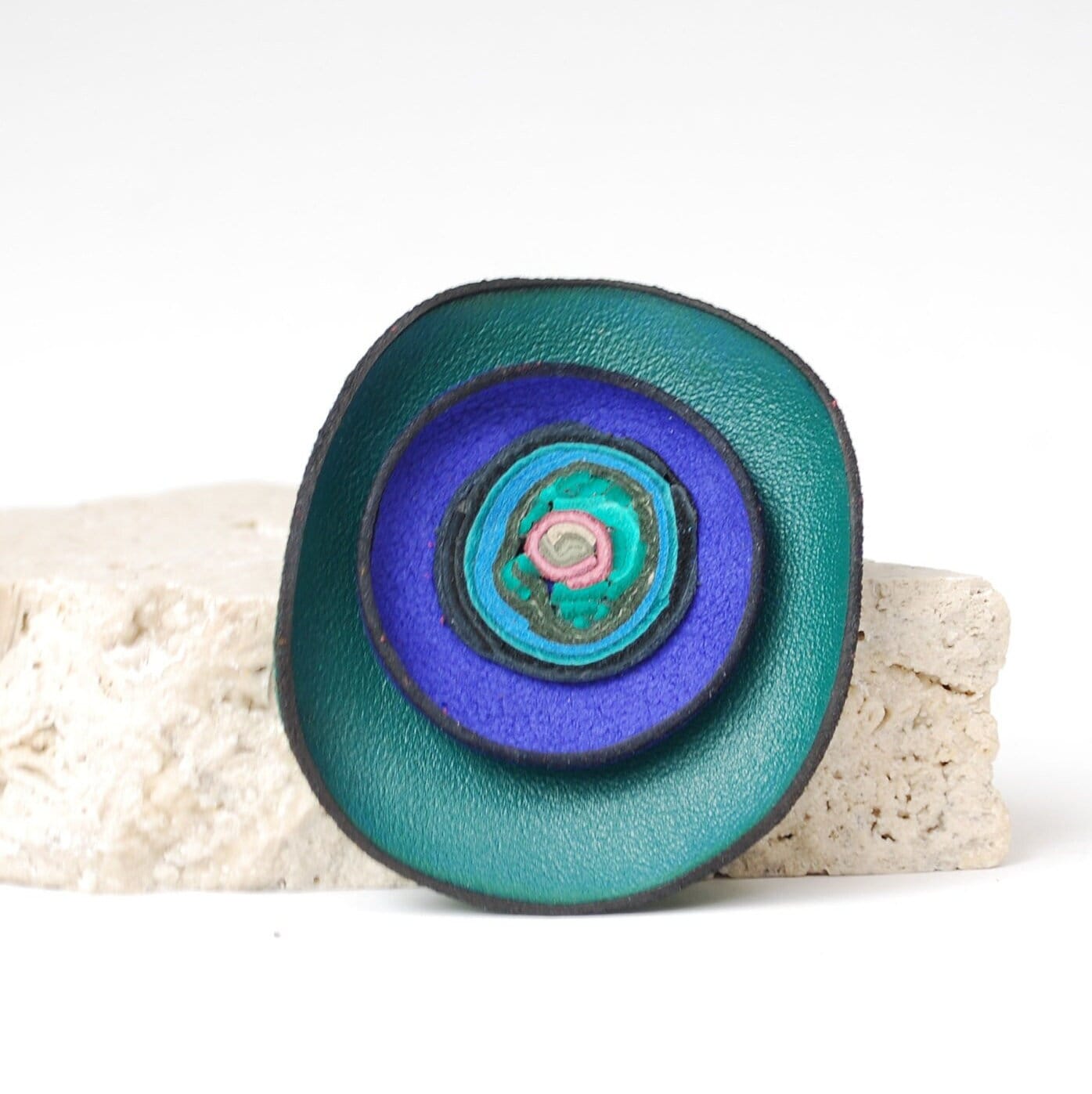 Green & deep blue Leather Brooch with interesting lines and spirals