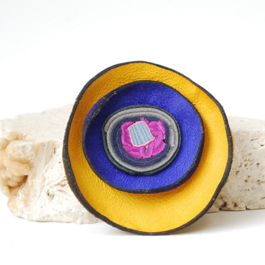 Yellow Leather Brooch with Spirals of blue & pink