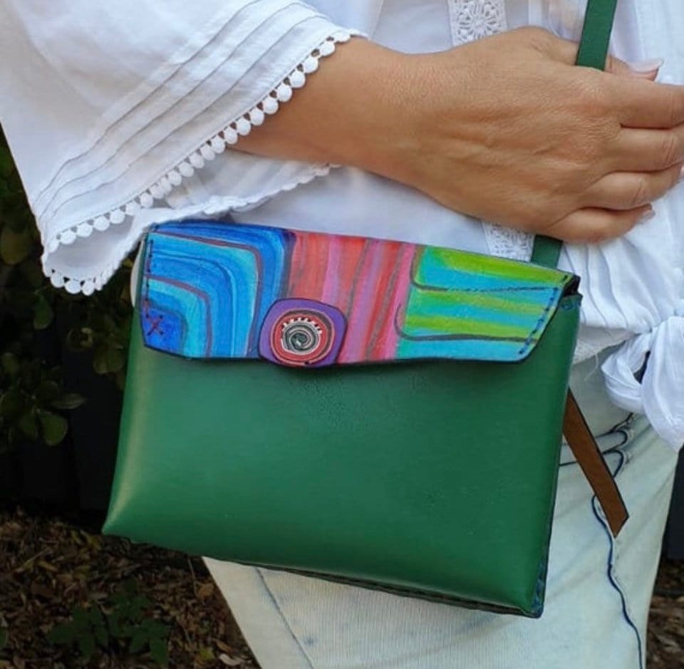 100% Leather Handbag. Unique Vibrant Bright Colours. Quirky & arty.