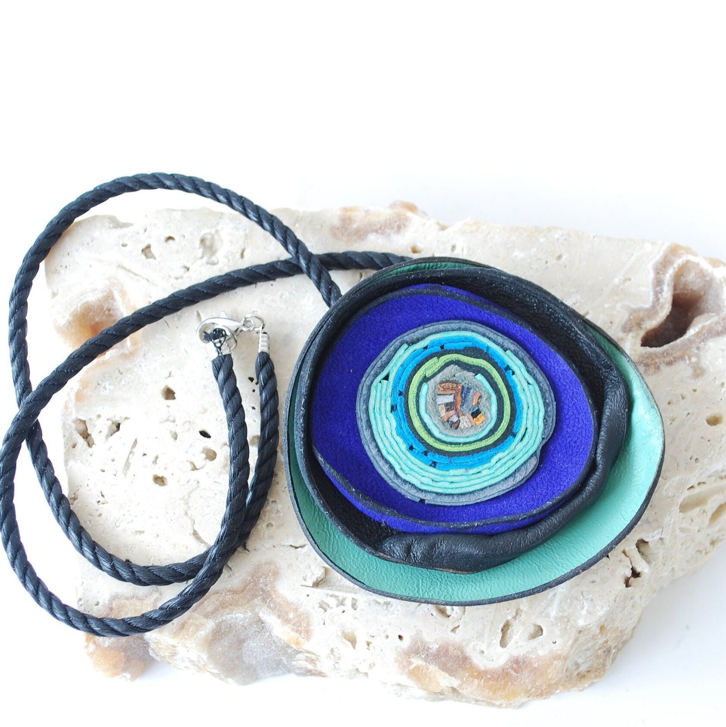 Aqua, black & deep blue Leather Necklace with interesting lines and spirals