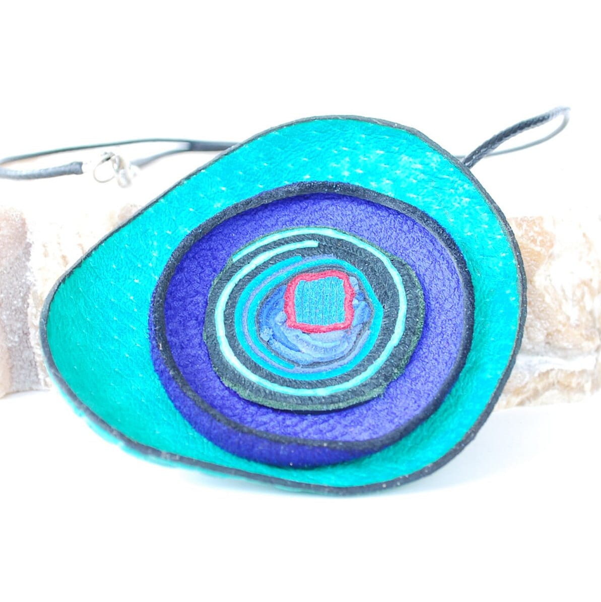 Turquoise & deep blue Leather Necklace with interesting lines and spirals