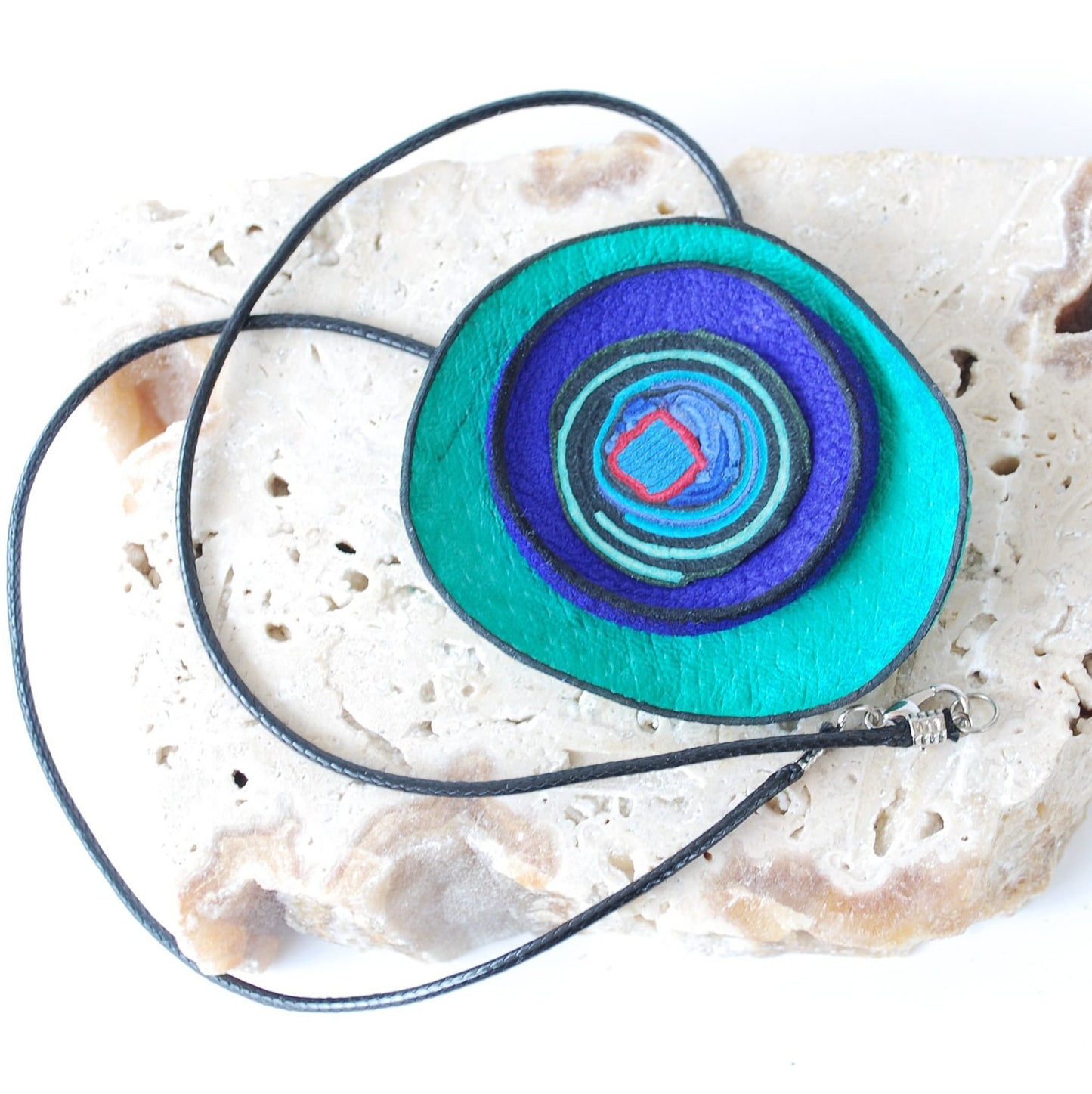 Turquoise & deep blue Leather Necklace with interesting lines and spirals