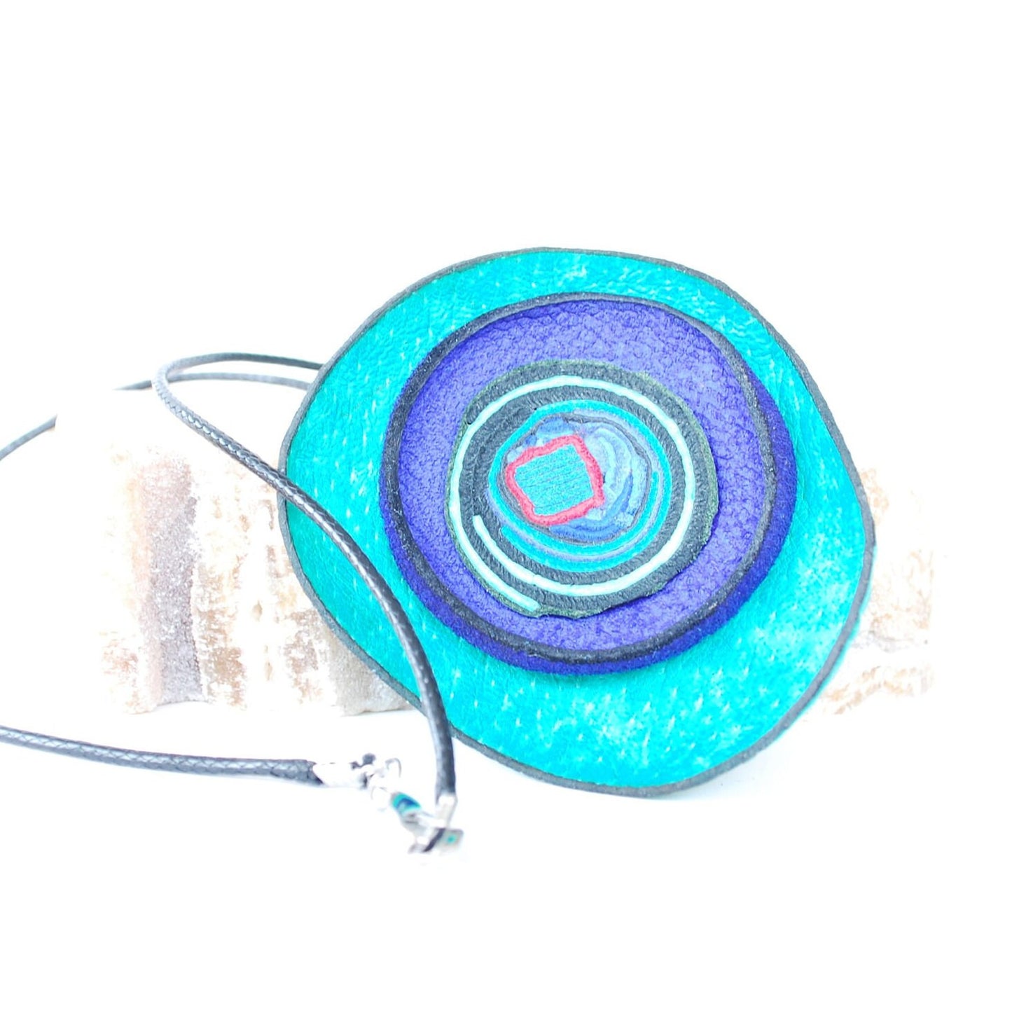 Turquoise & deep blue Leather Necklace with interesting lines and spirals