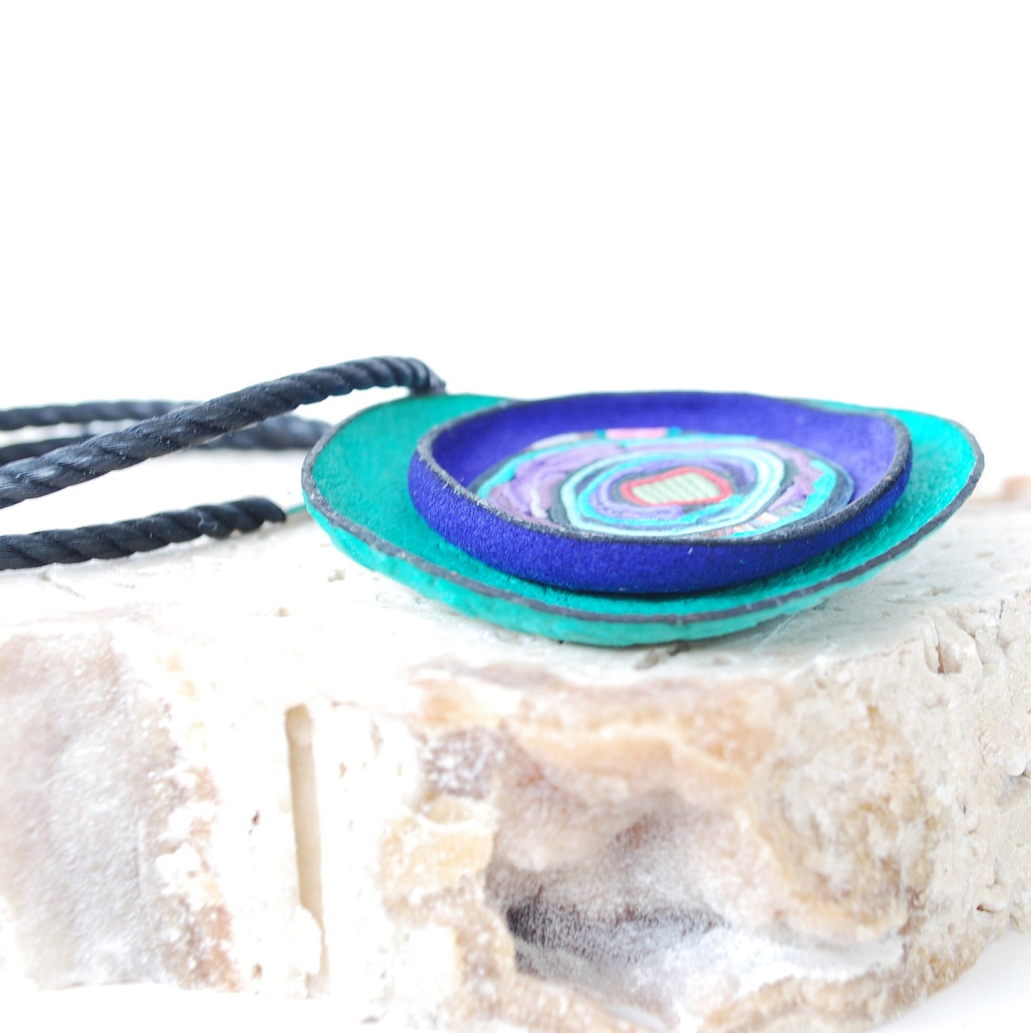 Aqua & deep blue Leather Necklace with interesting lines and spirals