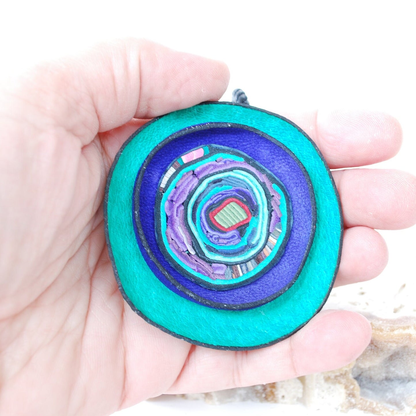 Aqua & deep blue Leather Necklace with interesting lines and spirals