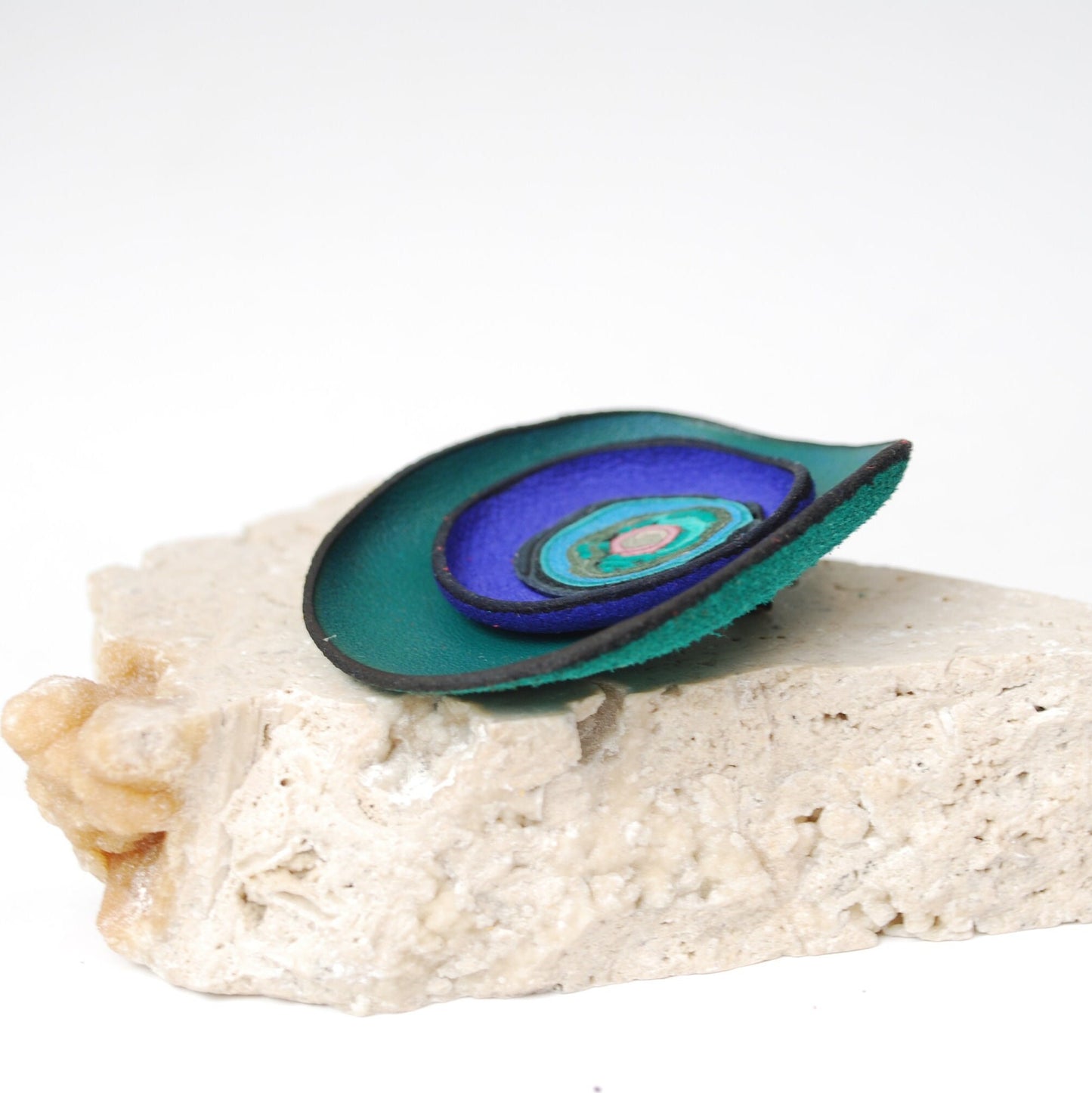 Green & deep blue Leather Brooch with interesting lines and spirals