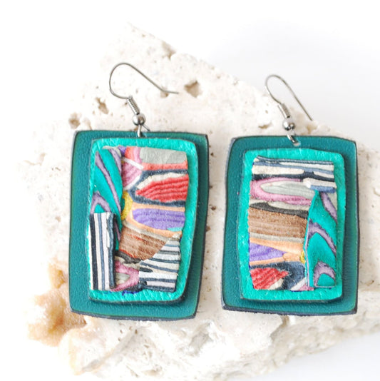 Leather Earrings with detailed cross sections - Green & Vibrant