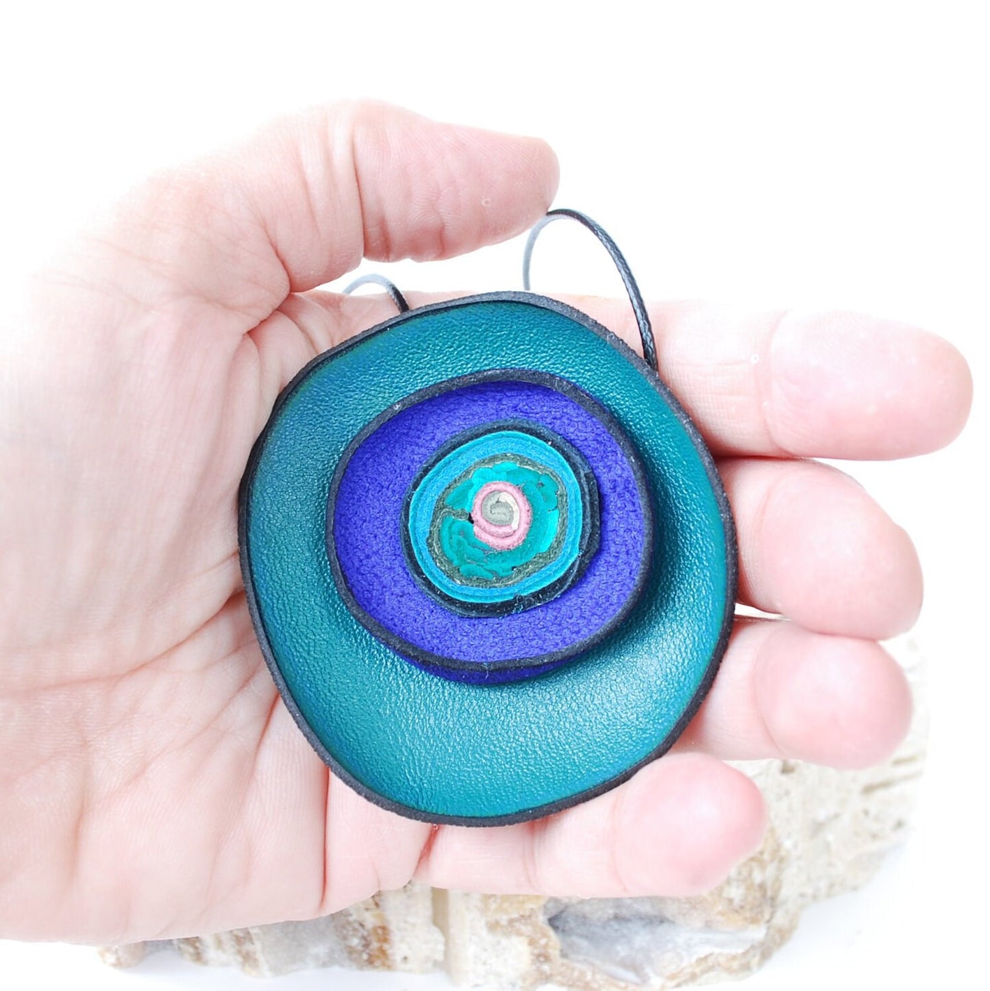 Green & deep blue Leather Necklace with interesting lines and spirals